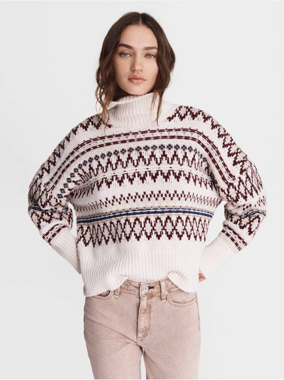 Rag & Bone Willow Fair Isle Turtleneck Wool Sweater Cream Red Navy Size S
